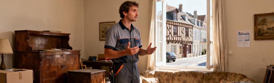 Un débarras professionnel évalue des objets dans un salon encombré à Niort, montrant son expertise.