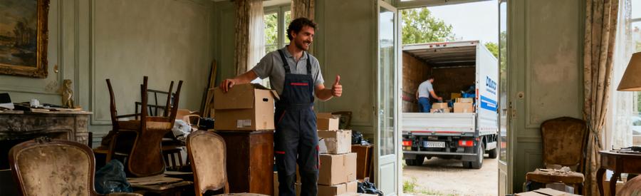 Un professionnel trie des meubles et cartons dans un salon encombré en vue du déménagement, avec un camion à l'extérieur.