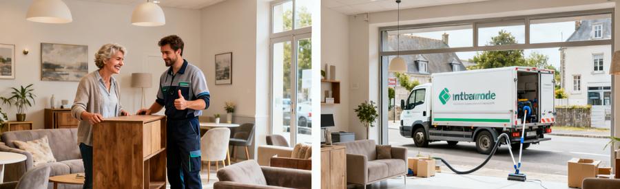 Discussion entre un client et un débarras professionnel dans un salon à Lannion, scène avant et après le débarras.