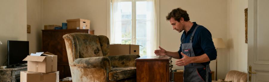 Un professionnel évaluant des objets à débarrasser dans un salon à Liévin, avec des cartons et un meuble.