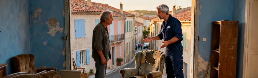 Professionnel du débarras à Sanary-sur-Mer inspectant des meubles dans un appartement, discutant avec le propriétaire.