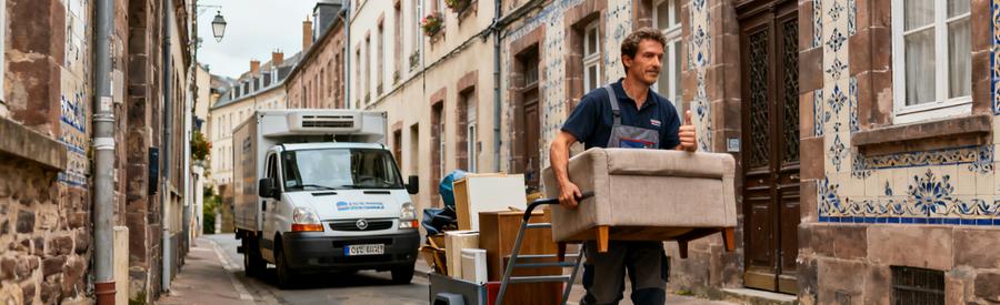 Débarras professionnel à Sarreguemines, transportant des meubles dans une ruelle ancienne tout en utilisant un chariot.