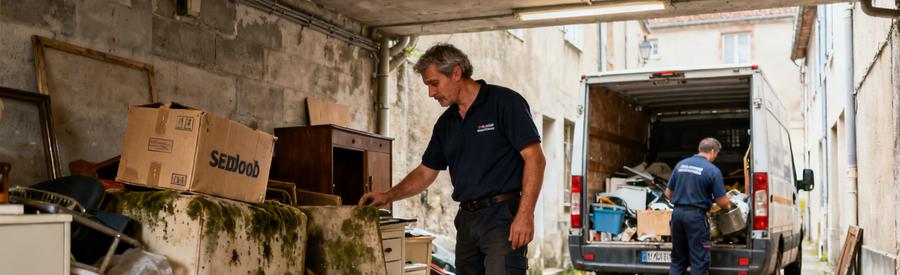 Professionnel du débarras inspectant des objets dans un souterrain à Seynod, illustrant les défis d'enlèvement.