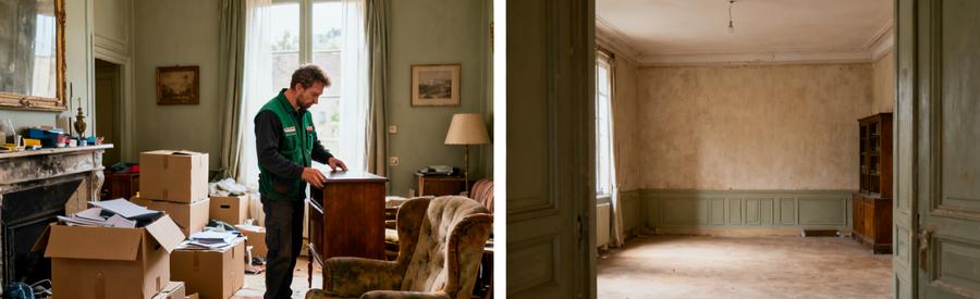 Avant/après d'un salon en cours de débarras avec des professionnels effectuant le tri et l'évacuation.