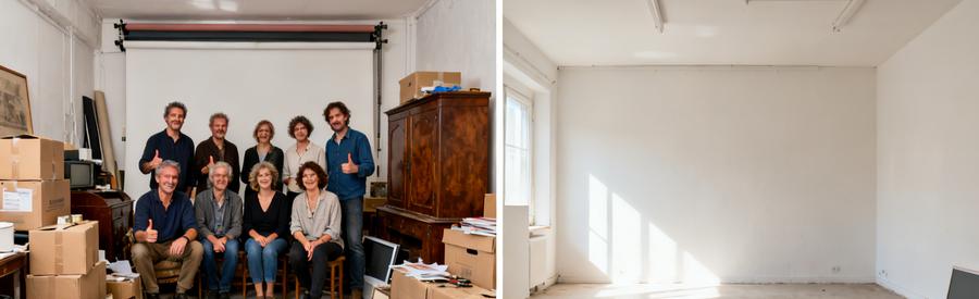 Avant et après débarras d'un studio dans la Manche, montrant un espace encombré puis dégagé.