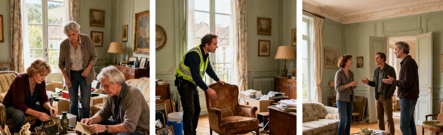 Héritiers triant des objets dans un salon avant le débarras, avec un professionnel attentif.