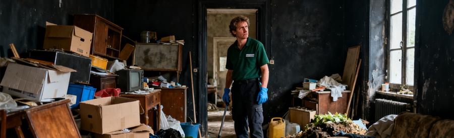 Débarras professionnel d'un logement atteint par le syndrome de Diogène, avec un débroussailleur évaluant l'encombrement.