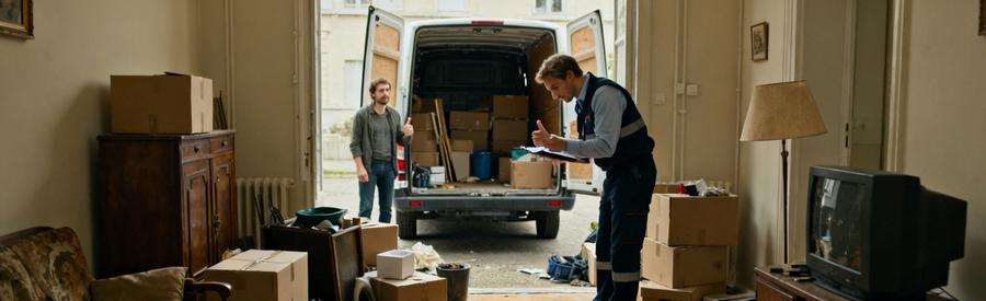 Professionnel en tenue évaluant un appartement T3 encombré à Sarreguemines, préparation de débarras.