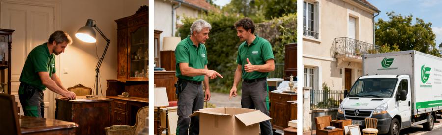 Professionnels en débarras évaluant des objets à Tarbes, préparation pour chargement.