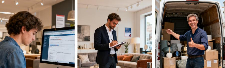 Trois scènes montrant le processus de débarras dans le Territoire de Belfort, de la demande à la prestation.