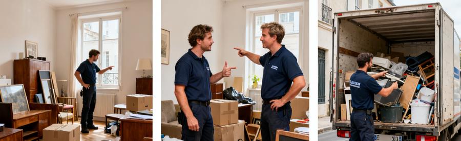 Scènes illustrant un débarras urgent : inspection d'un lieu encombré, discussion entre professionnels et chargement rapide.