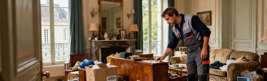 Un professionnel inspectant des meubles dans un salon encombré à Auxerre, illustrant le débarras efficace.