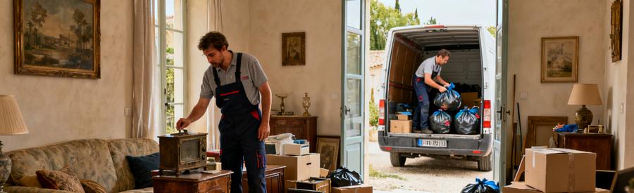 Professionnel inspectant des objets dans un salon d'Alès pendant un débarras.