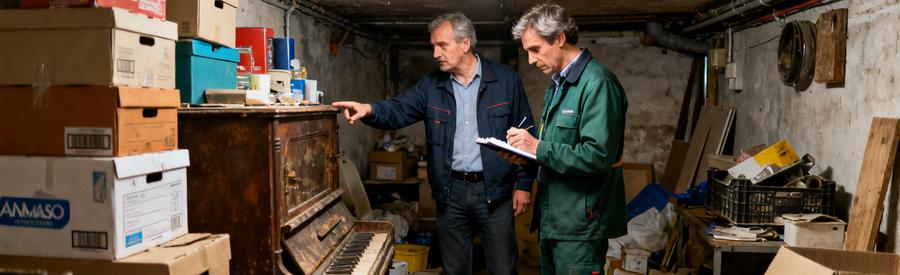 Deux débarras professionnels évaluent une cave encombrée de vieux meubles et cartons à Annemasse.