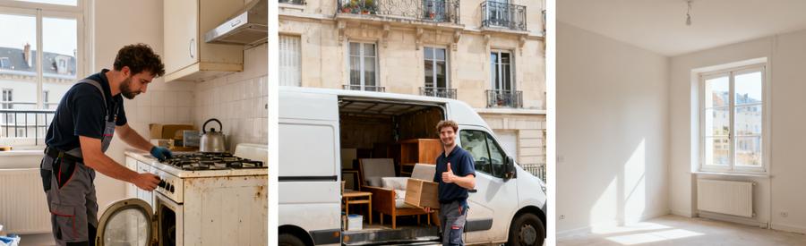 Scène de débarras à Boulogne-sur-Mer montrant l'évacuation d'appareils et de meubles d'un appartement.