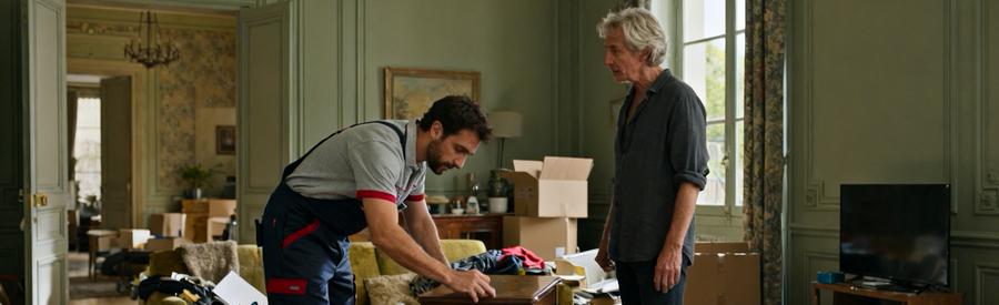 Débarrasseur professionnel à Chalon-sur-Saône évalue des meubles dans un salon encombré avec un client attentif.
