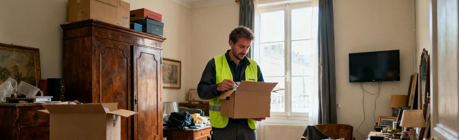 Un professionnel du débarras inspecte un appartement à Creil rempli de meubles et cartons à évacuer.