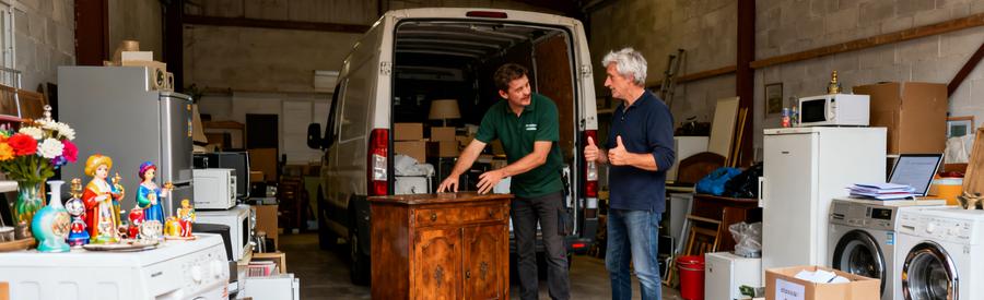 Professionnel examine meuble vintage avec client dans un garage à Creil, objets triés pour valorisation et dons.