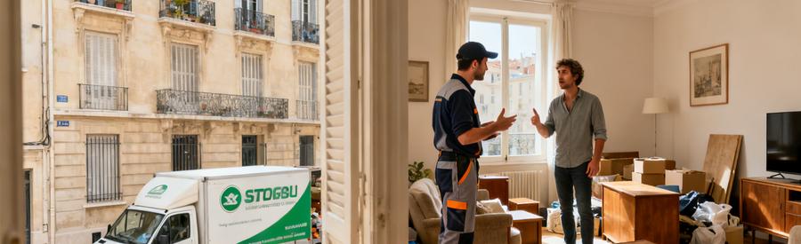 Un professionnel discutant avec un client sur le débarras de meubles dans un appartement à Marseille.
