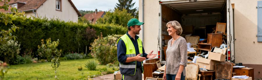 Un professionnel du débarras échange avec un client devant une maison à Forbach, entouré de vieux meubles et cartons.