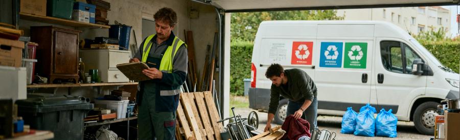 Un débarras éco-responsable à Vaulx-en-Velin, tri des matériaux pour le recyclage et les dons, garage rempli d'objets.