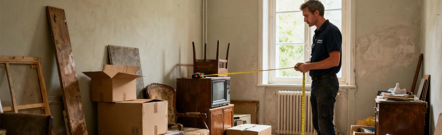 Un débarrasseur évaluant un espace encombré en Haute-Marne, observant des objets à débarrasser.