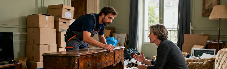 Un professionnel du débarras inspecte un meuble dans un salon encombré au Creusot, discutant avec un client.
