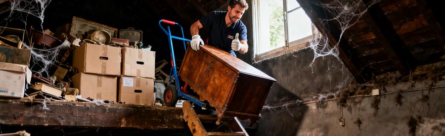 Un professionnel du débarras vide un grenier encombré à Houilles, montrant son expertise.