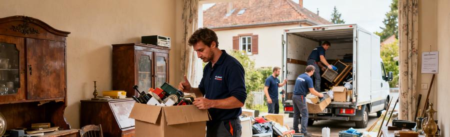 Un professionnel du débarras à Illzach inspecte des objets vieux dans une maison, tandis qu'une équipe charge des encombrants dans une camionnette.