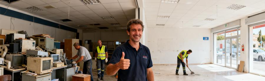 Travailleurs en débarras dans un local commercial à Hyères, avant et après le rangement.