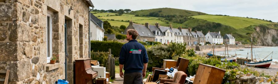 Un professionnel du débarras observe l'accès à une longère en granit dans le département de la Manche, prêt à intervenir.