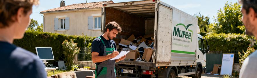 Un débarras professionnel à Muret, examinant des meubles devant une maison avant le débarras.
