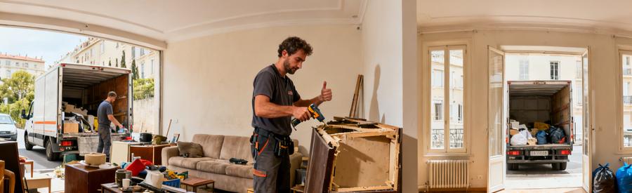 Un débarrasseur professionnel à Marseille 15 triant des objets, démontant un meuble et nettoyant un salon après débarras.