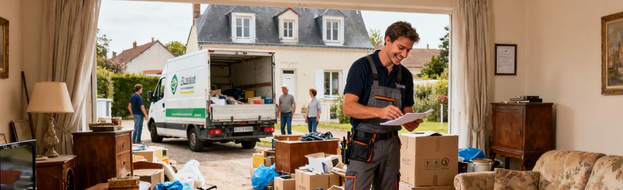Un professionnel inspecte un salon encombré à Orvault, prêt pour le débarras, avec une camionnette en arrière-plan.
