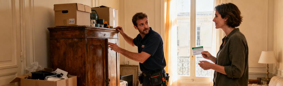 Un professionnel du débarras dans un salon du 5ème arrondissement de Marseille, vérifiant un meuble avec un client.