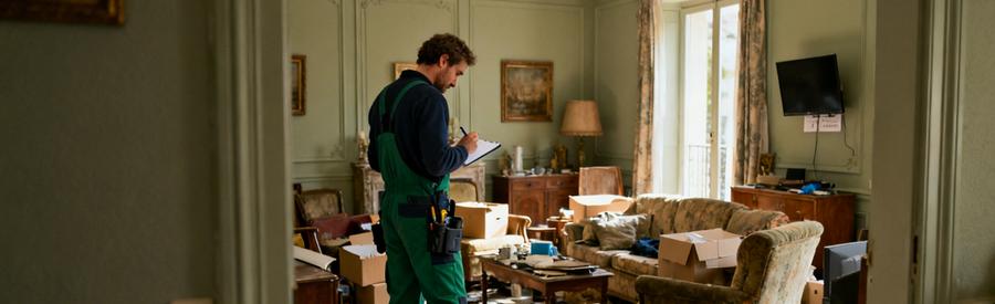 Un professionnel du débarras examine un salon encombré de vieux meubles et de cartons à Rezé.