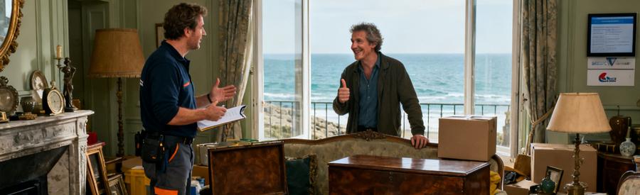 Professionnel du débarras à Saint-Malo évaluant des objets dans un salon, client satisfait.