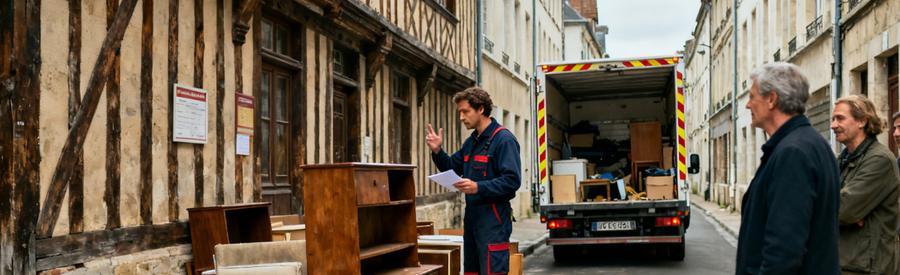 Professionnel du débarras dans une rue étroite de Troyes, chargé d'évaluer et récupérer des meubles anciens.