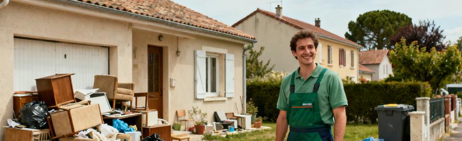 Un professionnel du débarras devant une maison à Villenave-d'Ornon, préparant l'enlèvement d'encombrants.