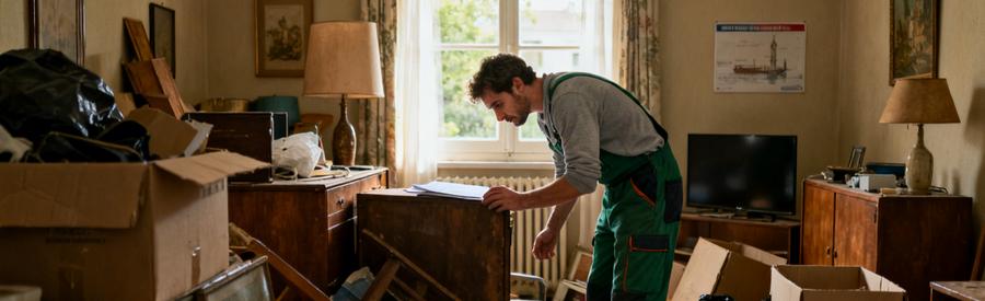 Un professionnel évalue le débarras d'un pavillon à Viry-Châtillon, entouré de vieux meubles et de cartons.