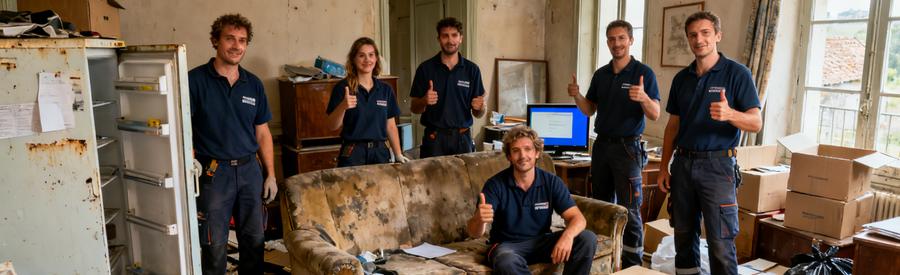 Professionnels du débarras évaluant des objets dans une maison en désordre, illustrant l'importance de comparer les prix et services.