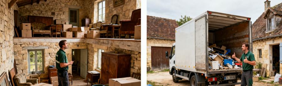 Professionnel du débarras dans une maison périgourdine inspecte des objets avant de décharger un camion dans une cour.