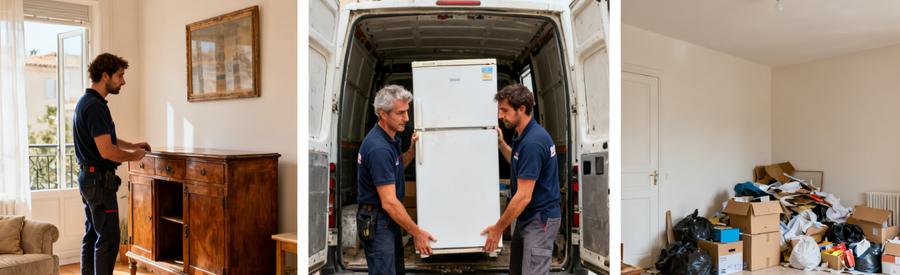 Trois scènes montrant un débarras : évaluation de meubles, chargement d'électroménager et désencombrement d'un salon.