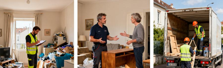 Débarras professionnel à Creil : inspection, devis avec le client, et équipe arrive pour intervenir.