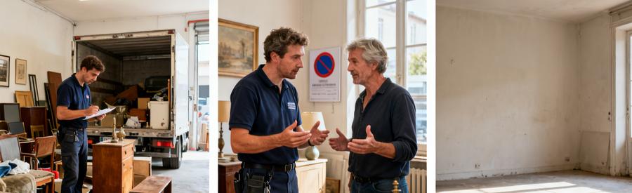 Débarrasseur évaluant des objets dans un studio à Bayonne, suivi d'une discussion avec un client sur l'estimation.