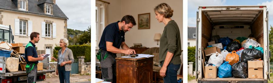 Scènes de débarras à Fougères avec un professionnel, un client et une camionnette chargée.