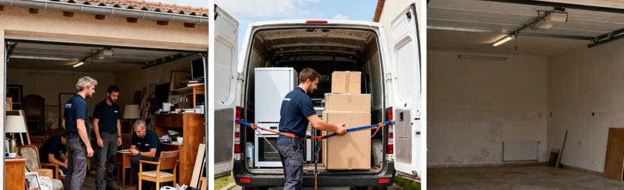 Débarrasseurs professionnels inspectant et récoltant des objets dans un garage à Schiltigheim, avant et après le débarras.