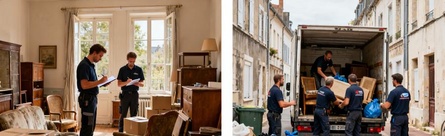 Débarrasseur à Guéret inspectant des meubles et une équipe chargeant une camionnette.