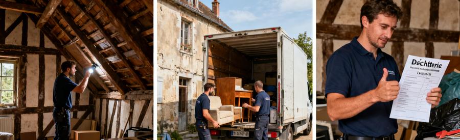 Professionnels du débarras à Haguenau, inspectant lieux, chargement camion, vérifiant horaires déchetterie.