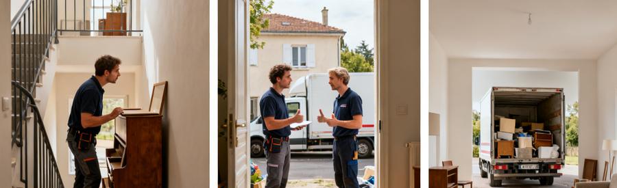 Débarrasseurs comparant l'accès en appartement et pavillon à Meyzieu, illustrant différentes situations de débarras.